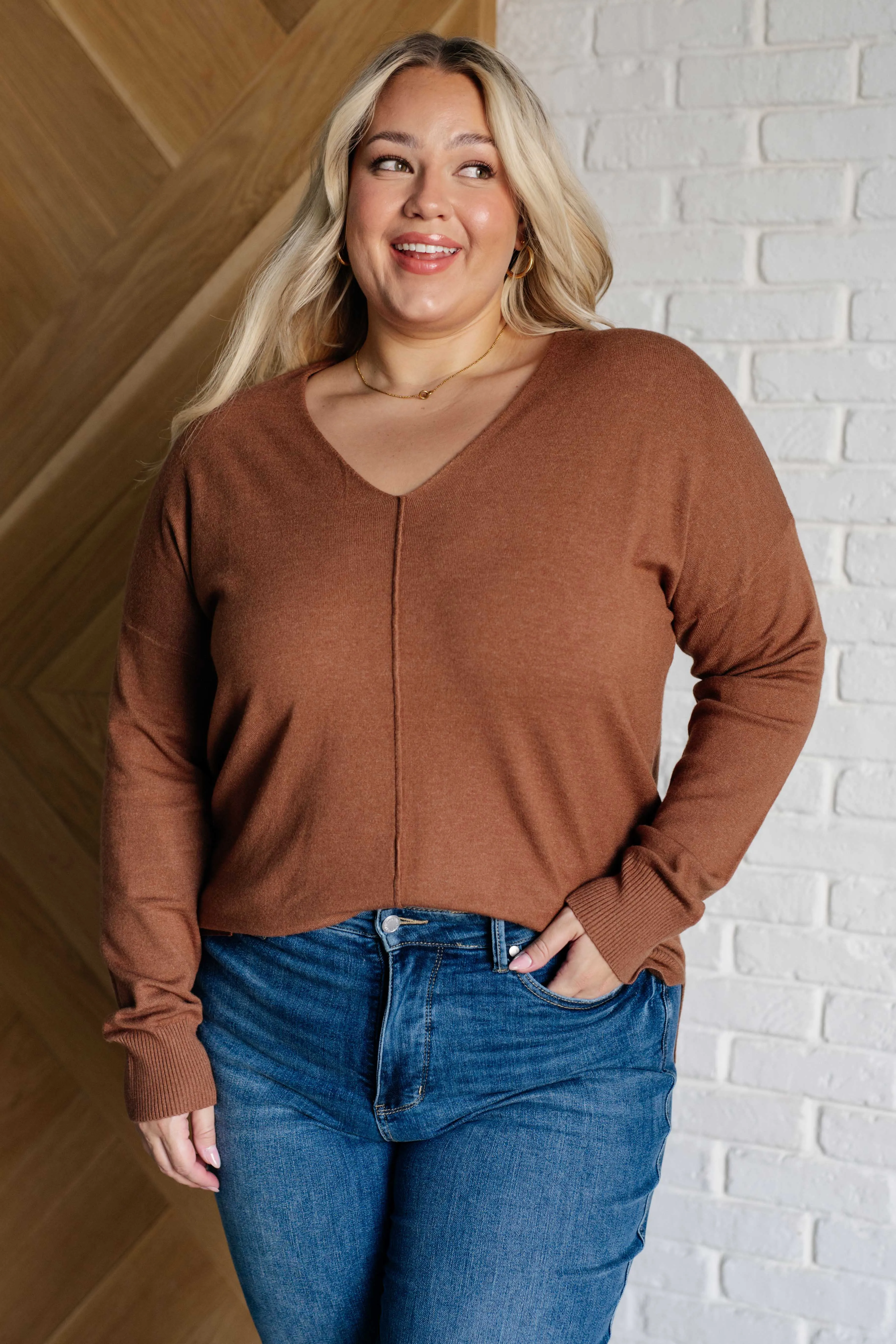 V-Neck Front Seam Sweater in Deep Camel sold by Charming Charlie
