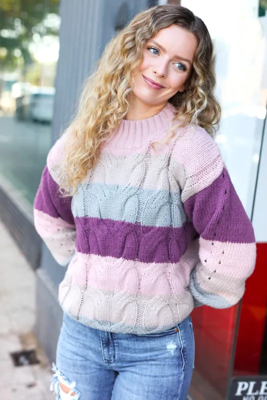 Fall For You Mauve Multicolor Stripe Cable Knit Mock Neck Sweater sold by Charming Charlie