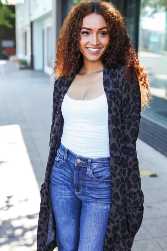 Boldly You Charcoal Animal Print Open Cardigan sold by Charming Charlie