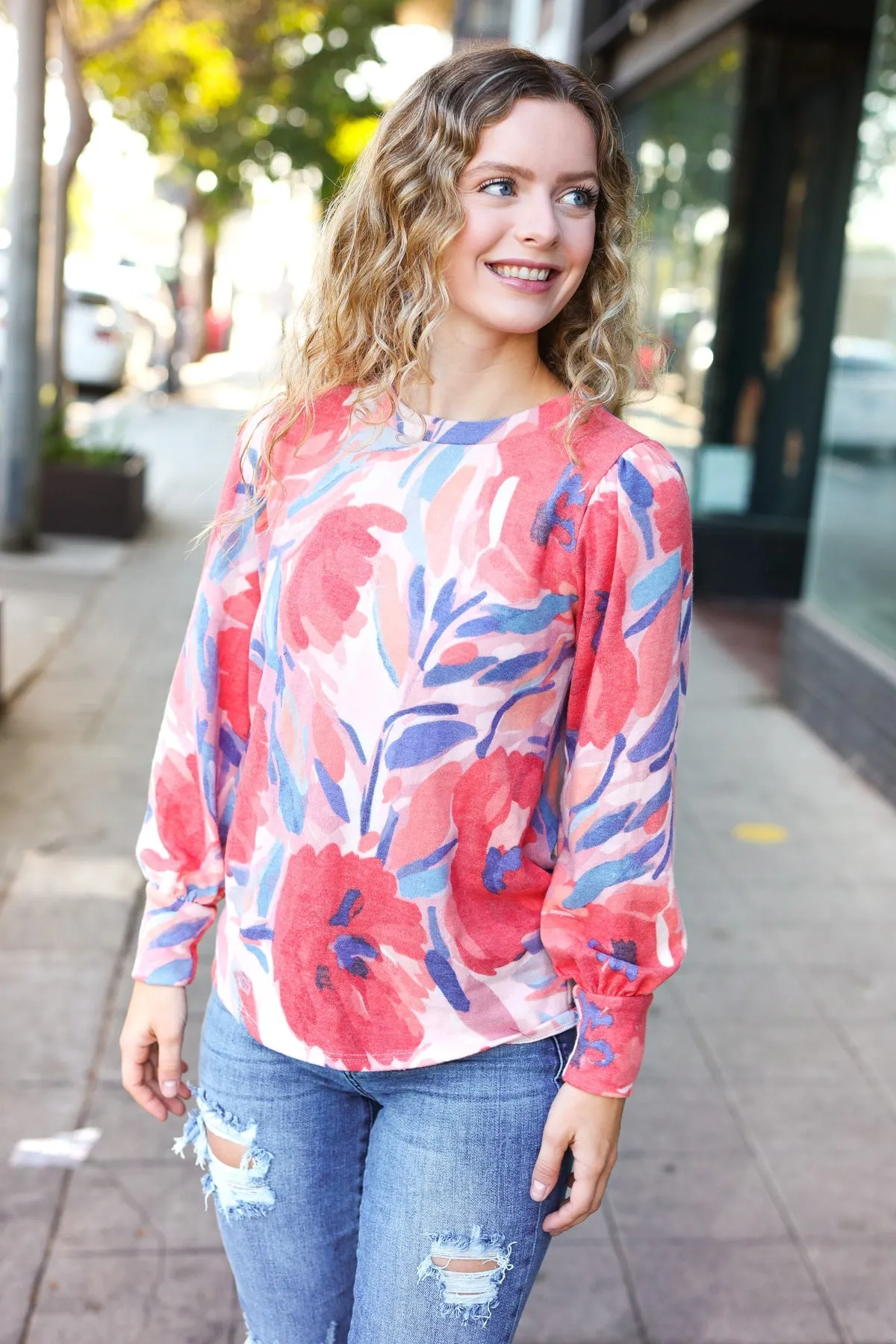 On My Heart Blush Floral Brushed Hacci Sweater Top sold by Charming Charlie product image thumbnail 5