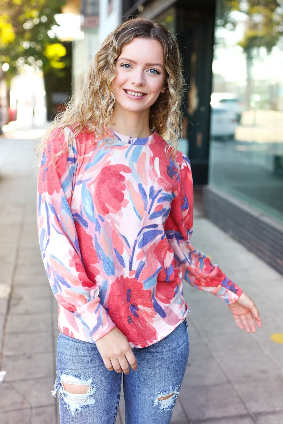 On My Heart Blush Floral Brushed Hacci Sweater Top sold by Charming Charlie product image thumbnail 3