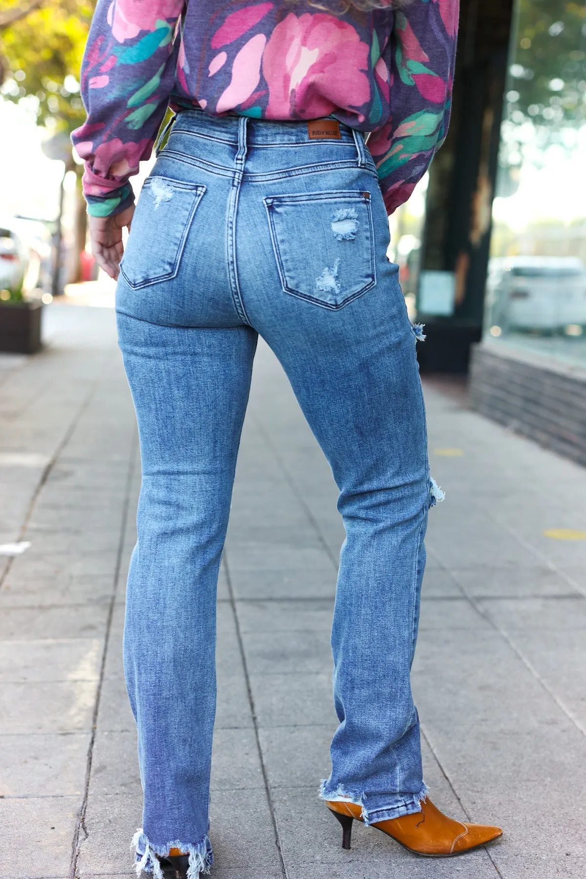 Judy Blue Medium Wash Mid Rise Distressed Straight Leg Jeans sold by Charming Charlie product image thumbnail 3