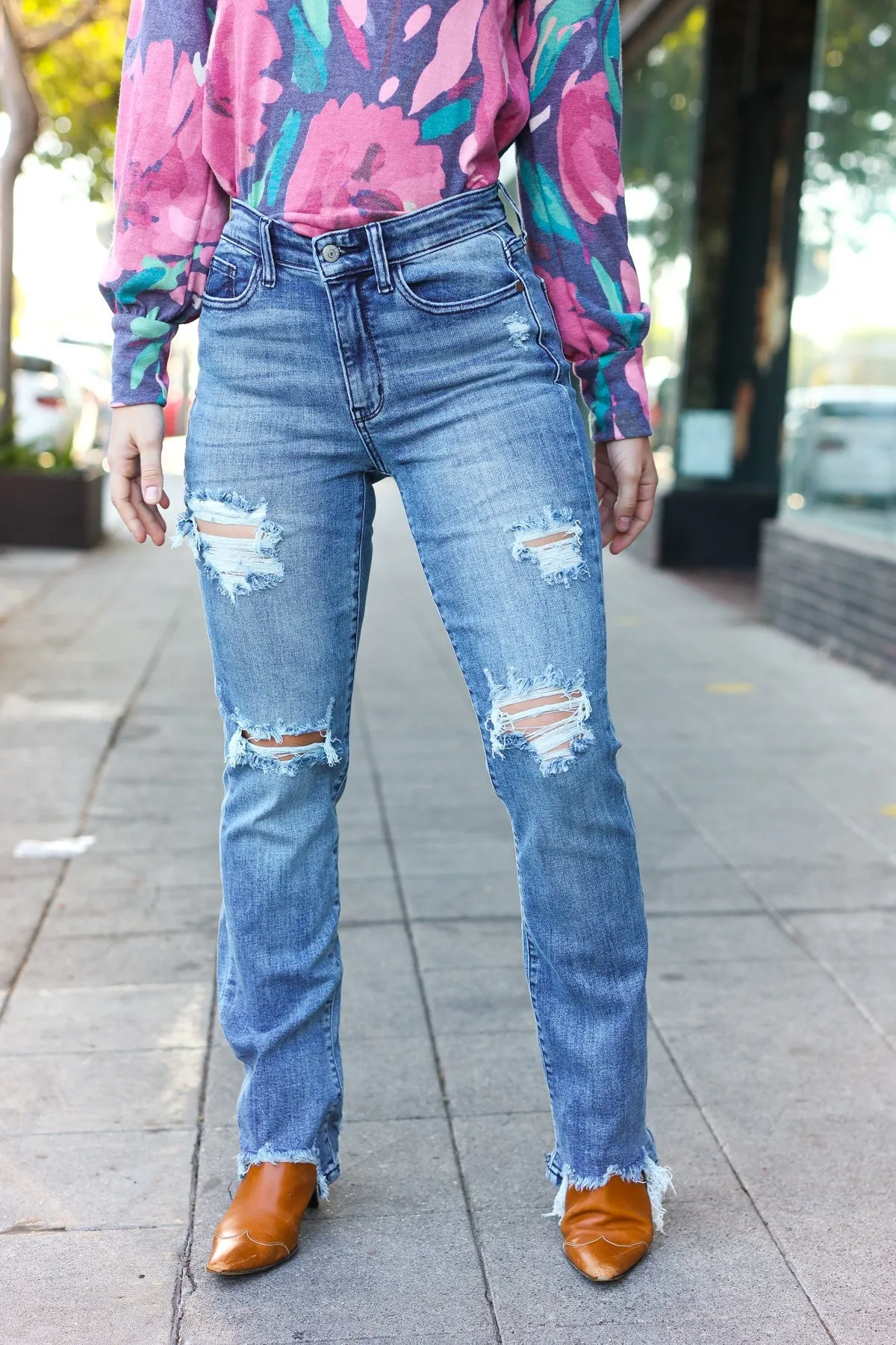 Judy Blue Medium Wash Mid Rise Distressed Straight Leg Jeans sold by Charming Charlie product image thumbnail 2