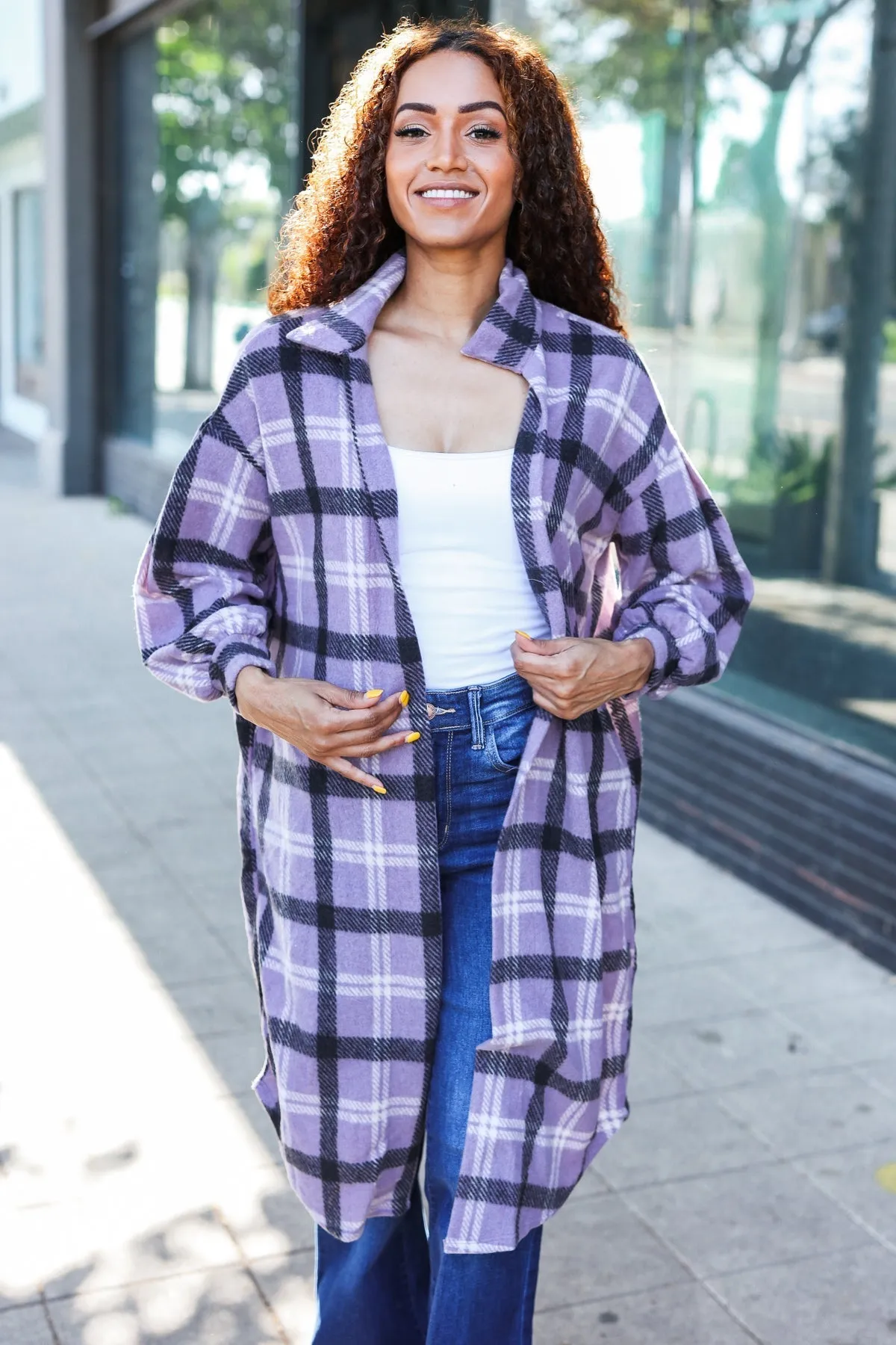 Fall Vibes Lavender Plaid Hacci Knit Open Cardigan sold by Charming Charlie product image thumbnail 5