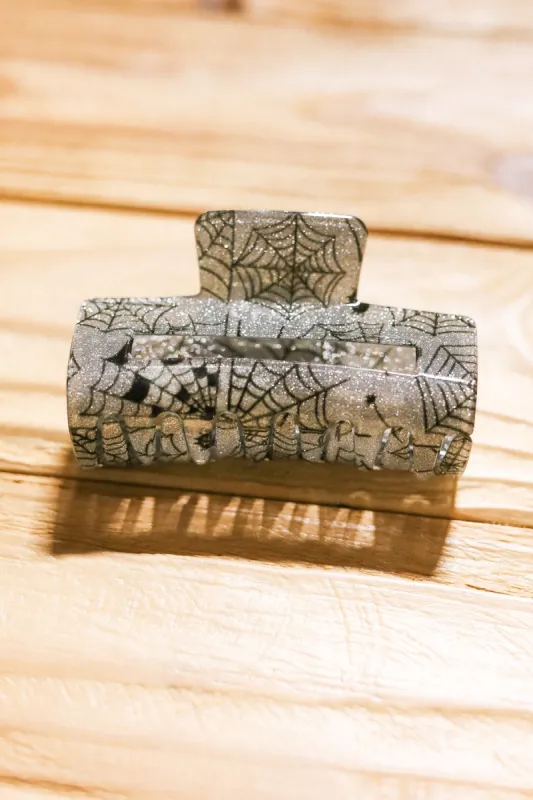 Silver Glitter Spider Web Halloween Hair Claw made by ICON