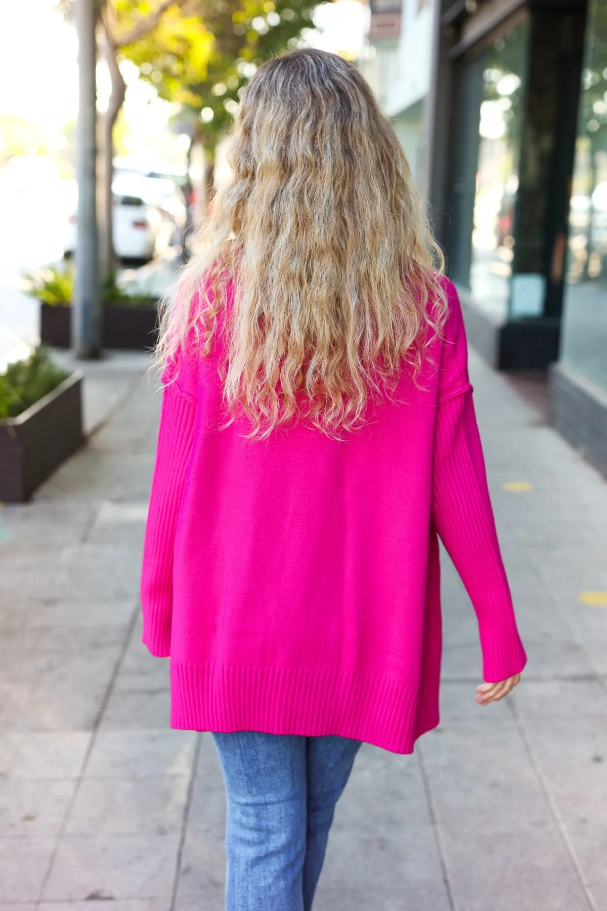 Be Bold Magenta Oversized V Neck Rib Knit Sweater sold by Charming Charlie product image thumbnail 5