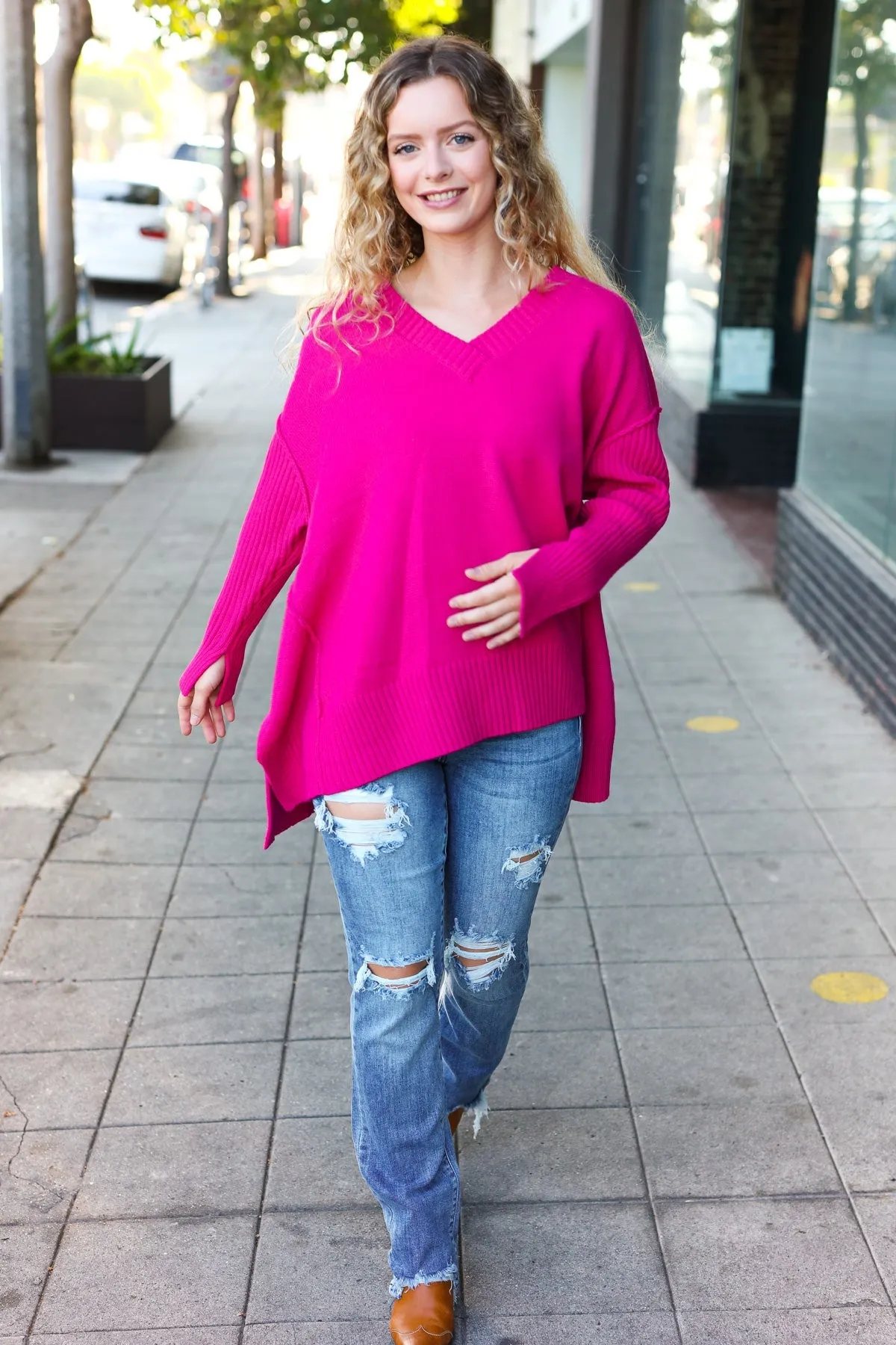 Be Bold Magenta Oversized V Neck Rib Knit Sweater sold by Charming Charlie product image thumbnail 3