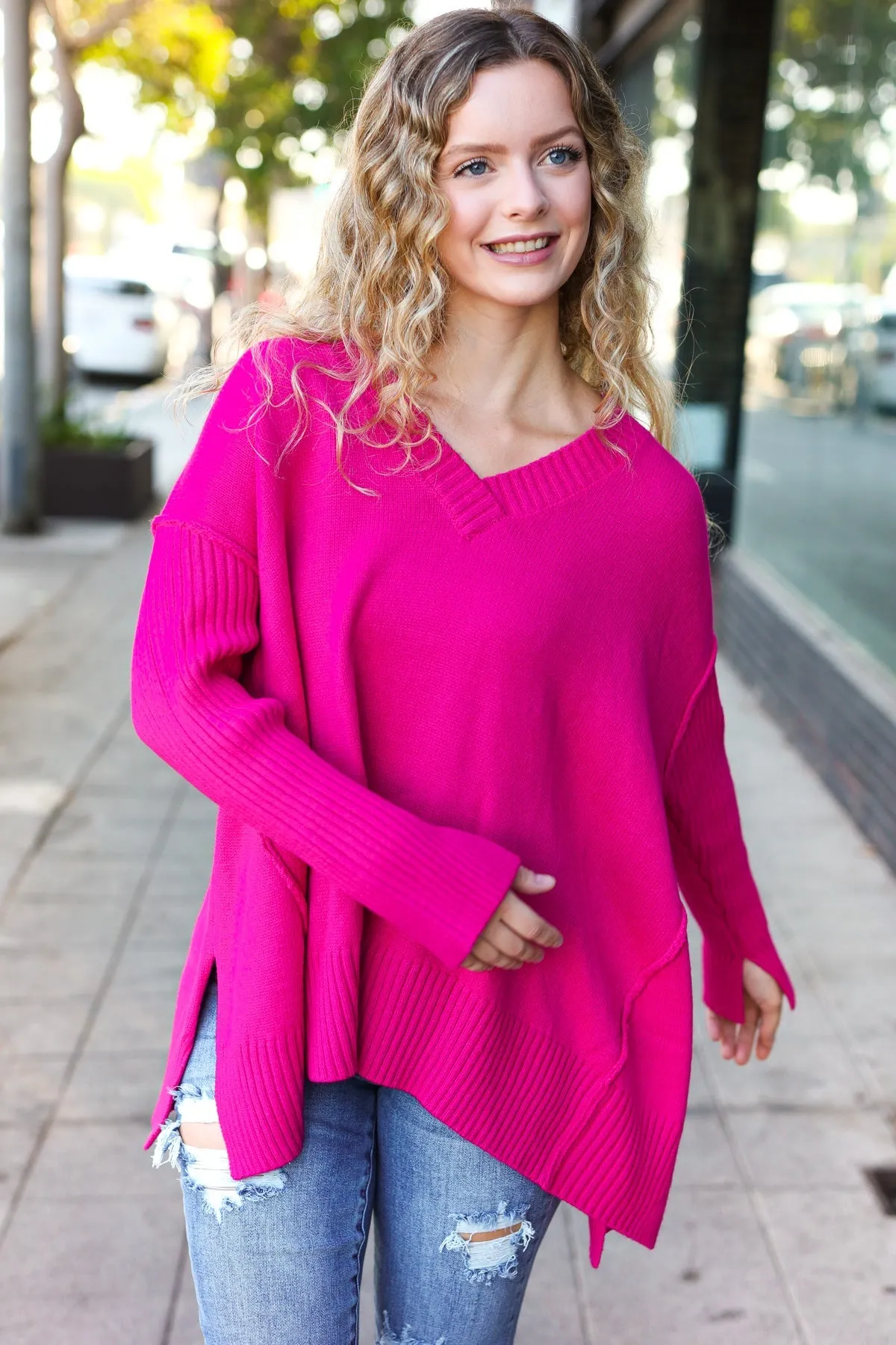Be Bold Magenta Oversized V Neck Rib Knit Sweater sold by Charming Charlie product image thumbnail 4