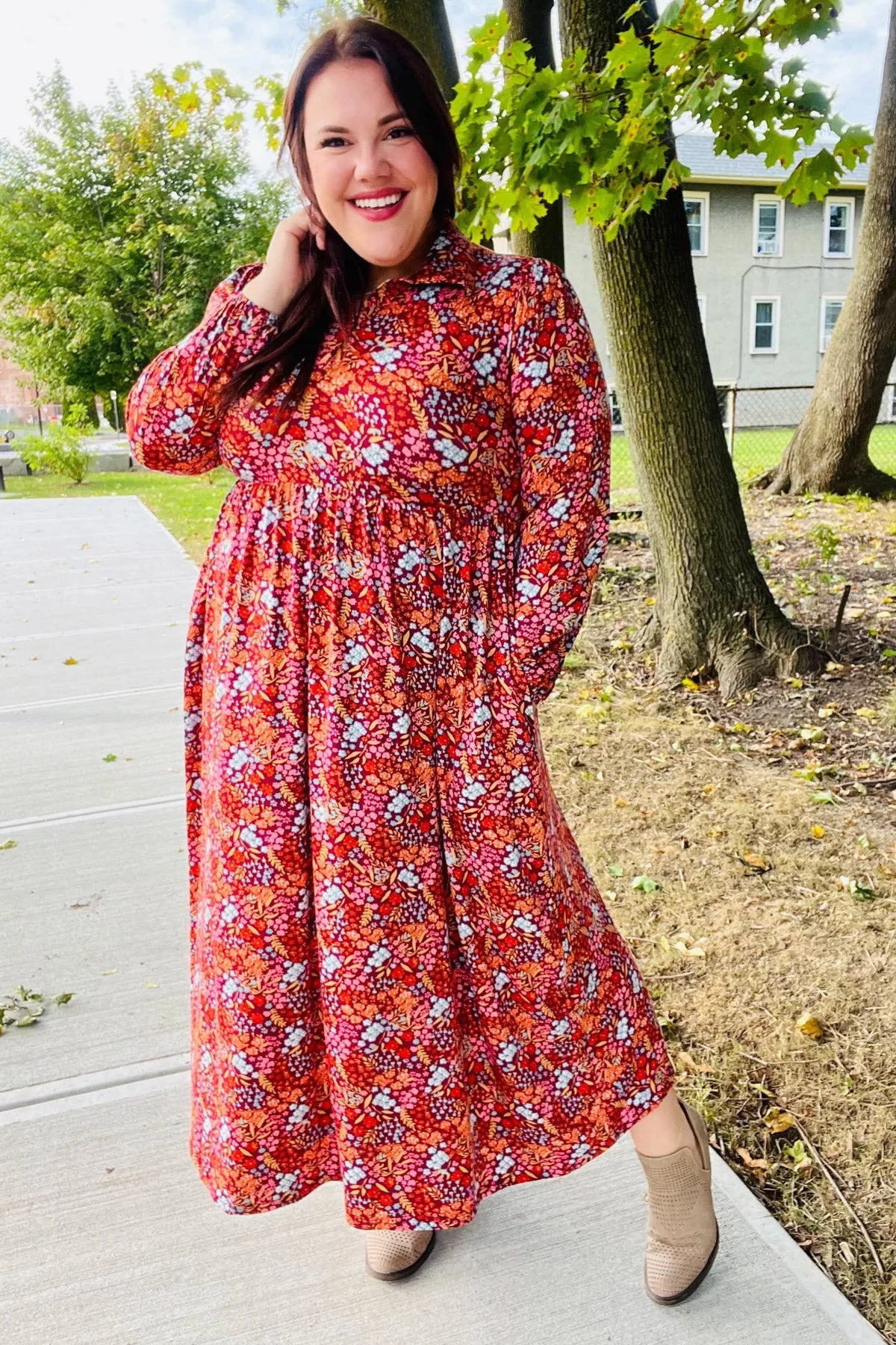 Casual Living Burgundy Floral Collared Fit & Flare Maxi Dress sold by Charming Charlie