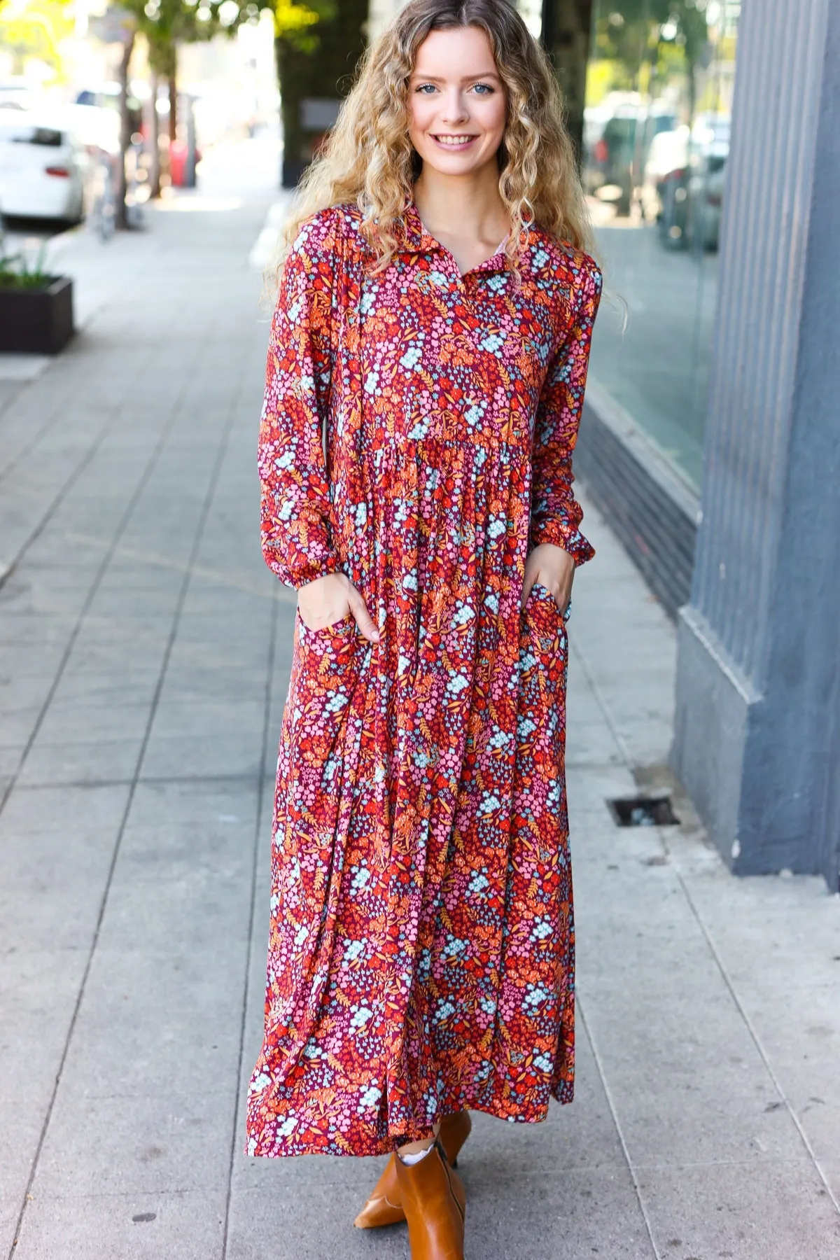 Casual Living Burgundy Floral Collared Fit & Flare Maxi Dress sold by Charming Charlie product image thumbnail 2
