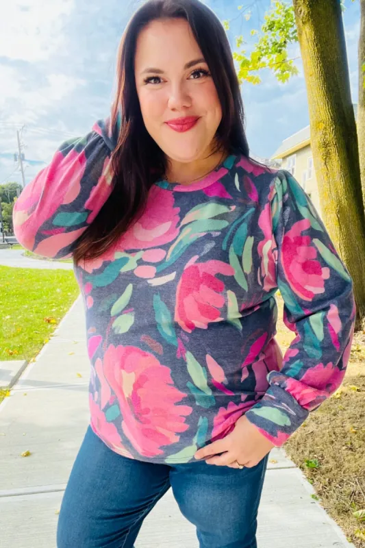 On My Heart Navy Floral Brushed Hacci Sweater Top sold by Charming Charlie