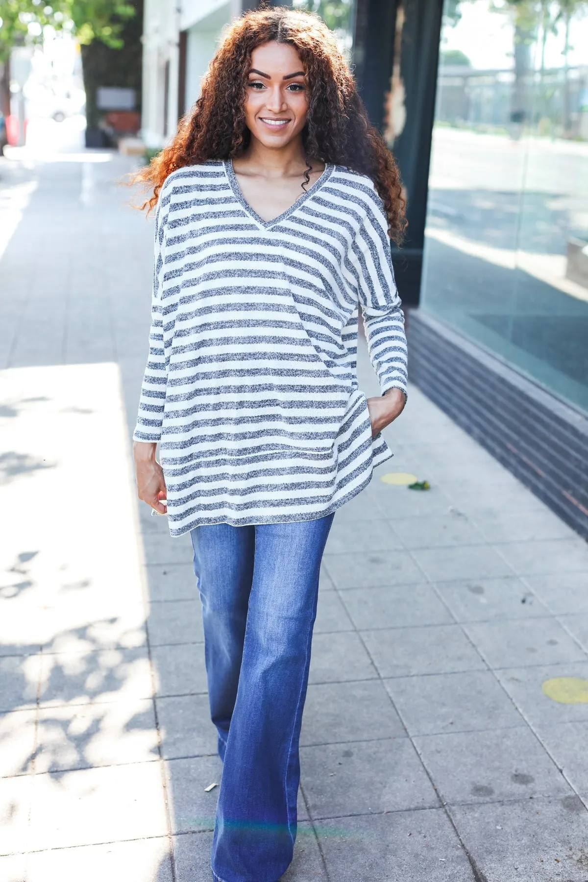 Nautical Ivory & Grey Striped Hacci Knit Tunic Top sold by Charming Charlie product image thumbnail 3