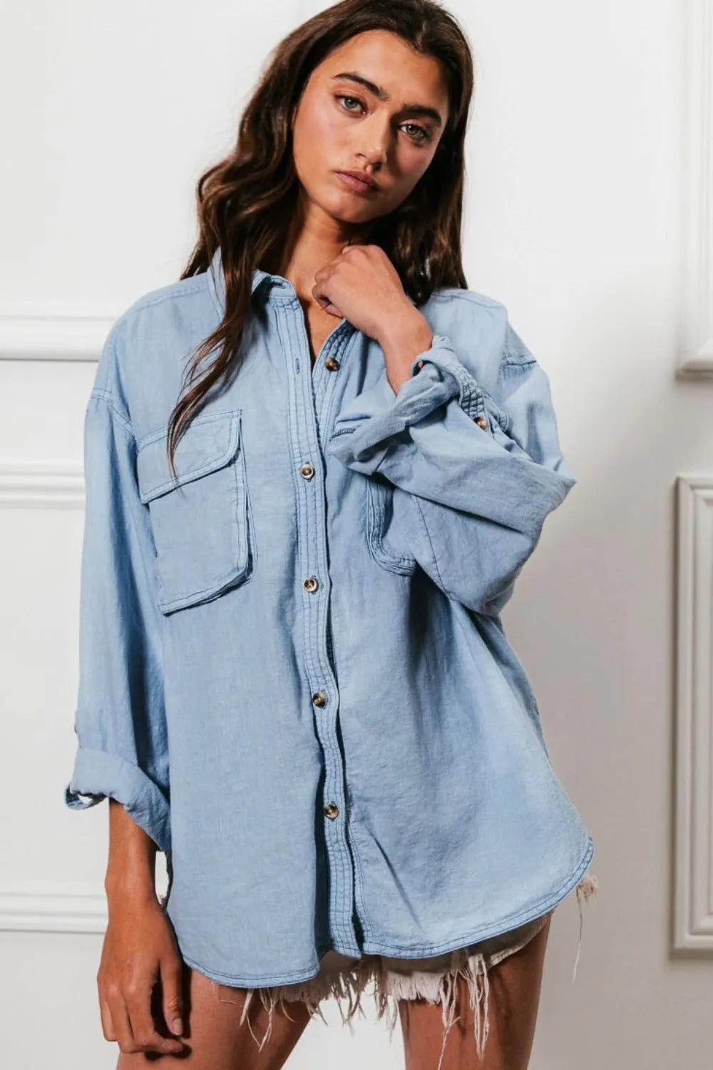 BiBi Button Down Stitch Detail Shirt with Chest Pockets sold by Charming Charlie product image thumbnail 3
