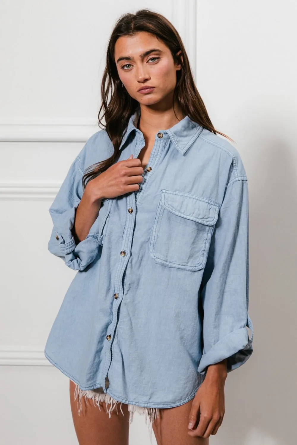 BiBi Button Down Stitch Detail Shirt with Chest Pockets sold by Charming Charlie