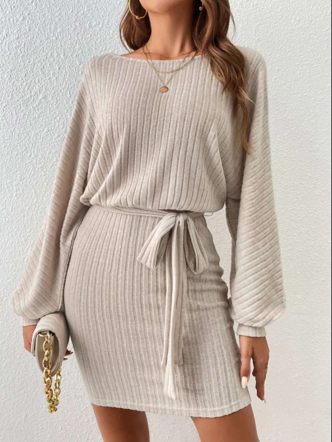 Round Neck Tie Waist Long Sleeve Mini Dress sold by Charming Charlie product image thumbnail 3