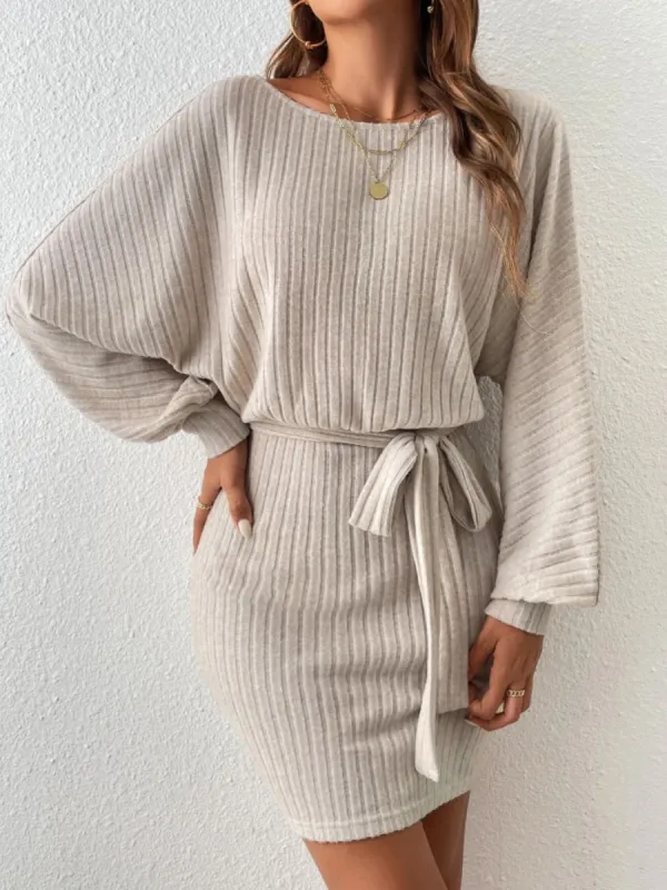 Round Neck Tie Waist Long Sleeve Mini Dress sold by Charming Charlie
