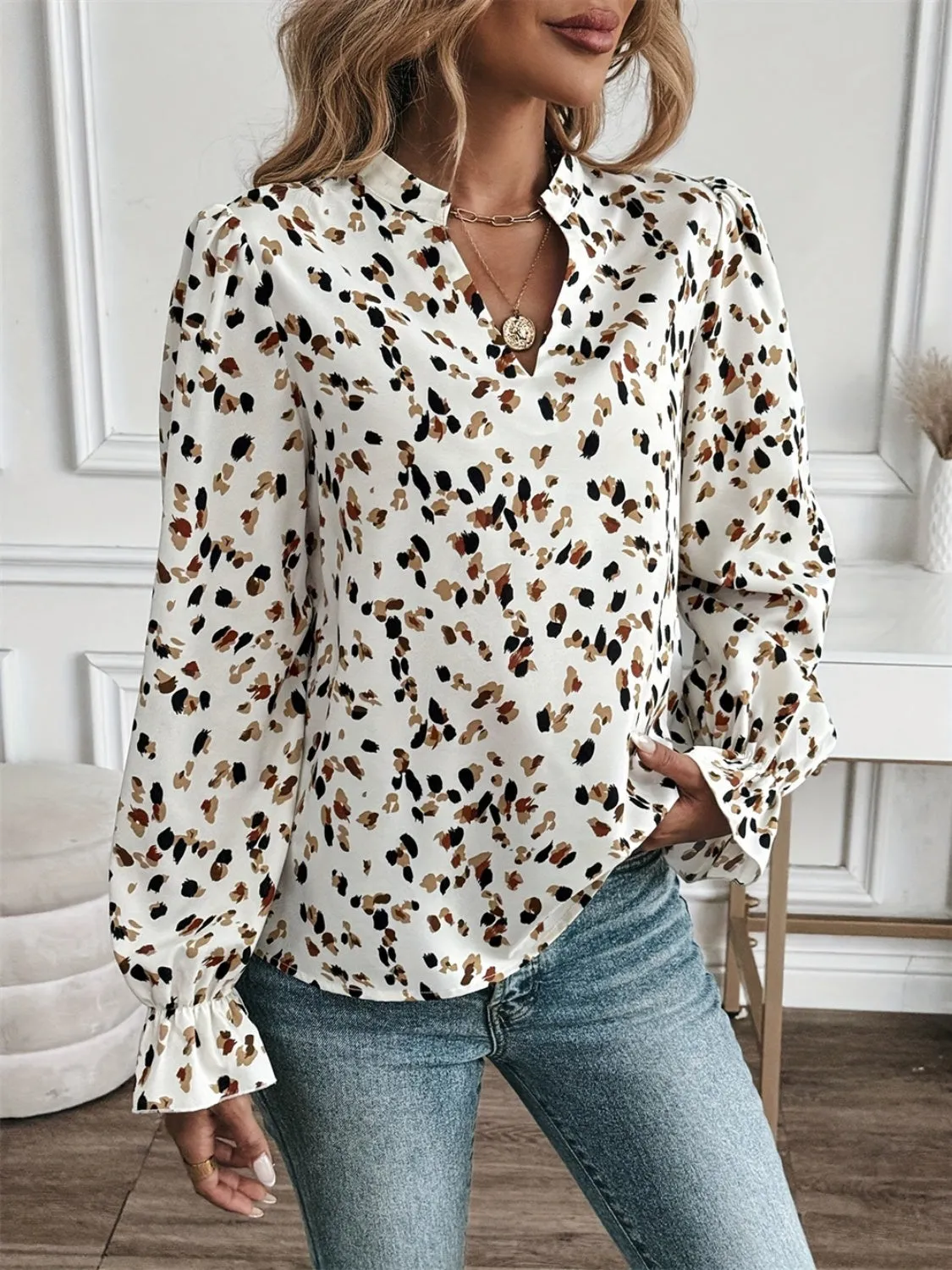 Printed Notched Flounce Sleeve Blouse sold by Charming Charlie product image thumbnail 4