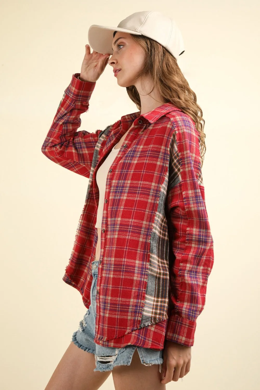 VERY J Contrast Plaid Raw Detail Shirt sold by Charming Charlie product image thumbnail 3