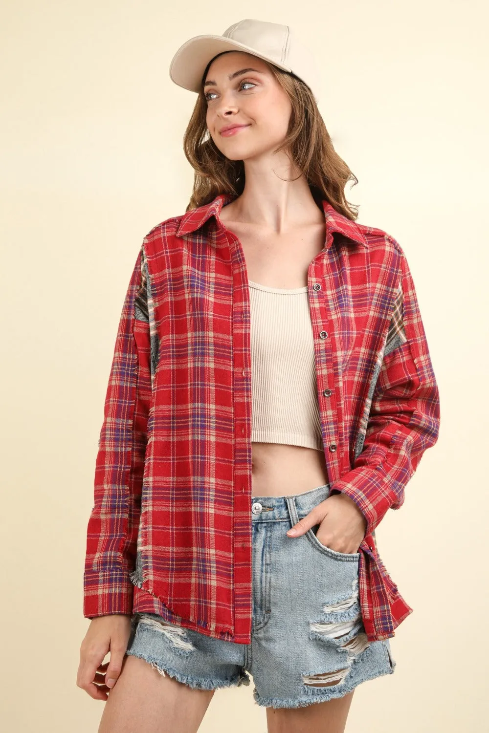 VERY J Contrast Plaid Raw Detail Shirt sold by Charming Charlie product image thumbnail 5