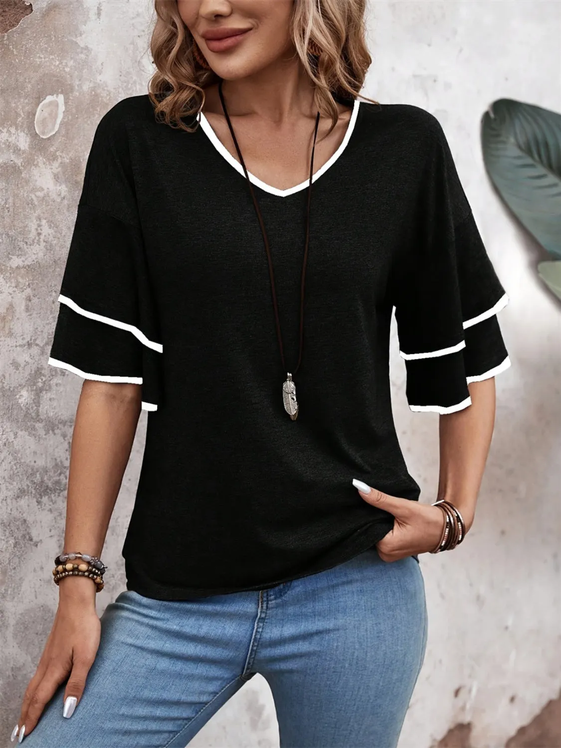 Contrast Trim V-Neck Half Sleeve Blouse sold by Charming Charlie