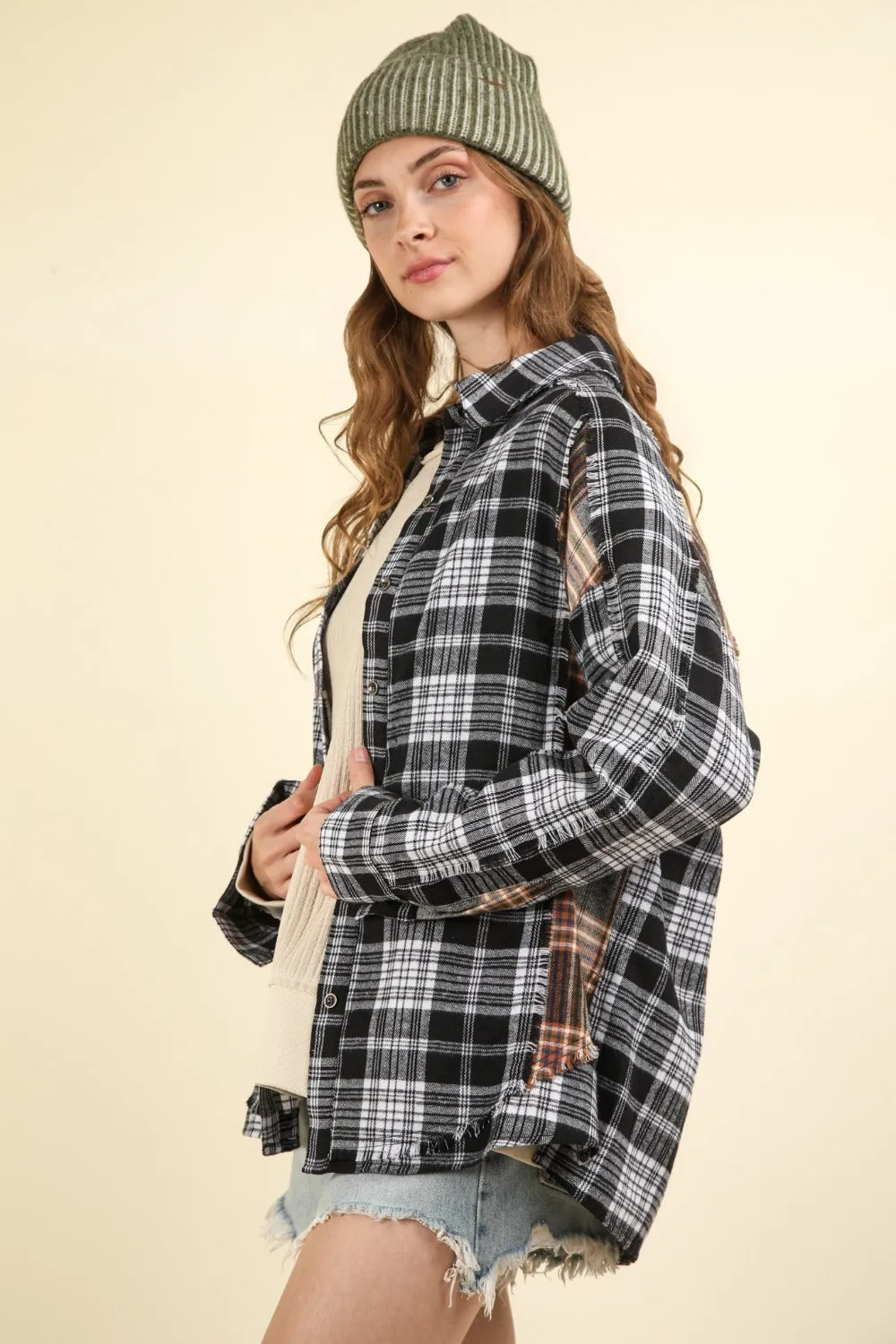 VERY J Contrast Plaid Raw Detail Shirt sold by Charming Charlie product image thumbnail 3