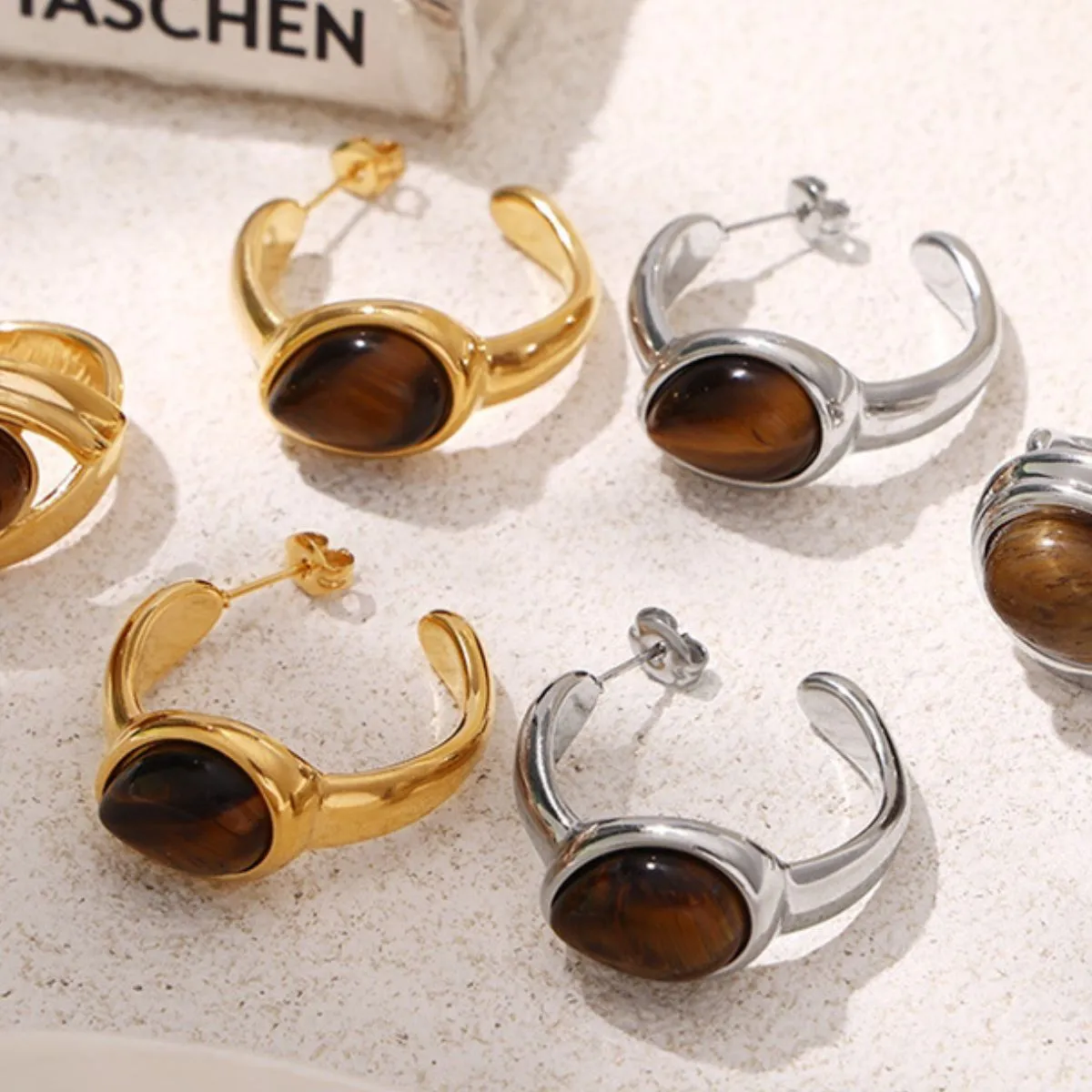 Stainless Steel Natural Tiger's Eye C-Hoop Earrings sold by Charming Charlie product image thumbnail 3