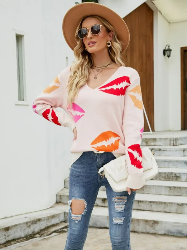 Mandy Lip Print V-Neck Knit Top sold by Charming Charlie