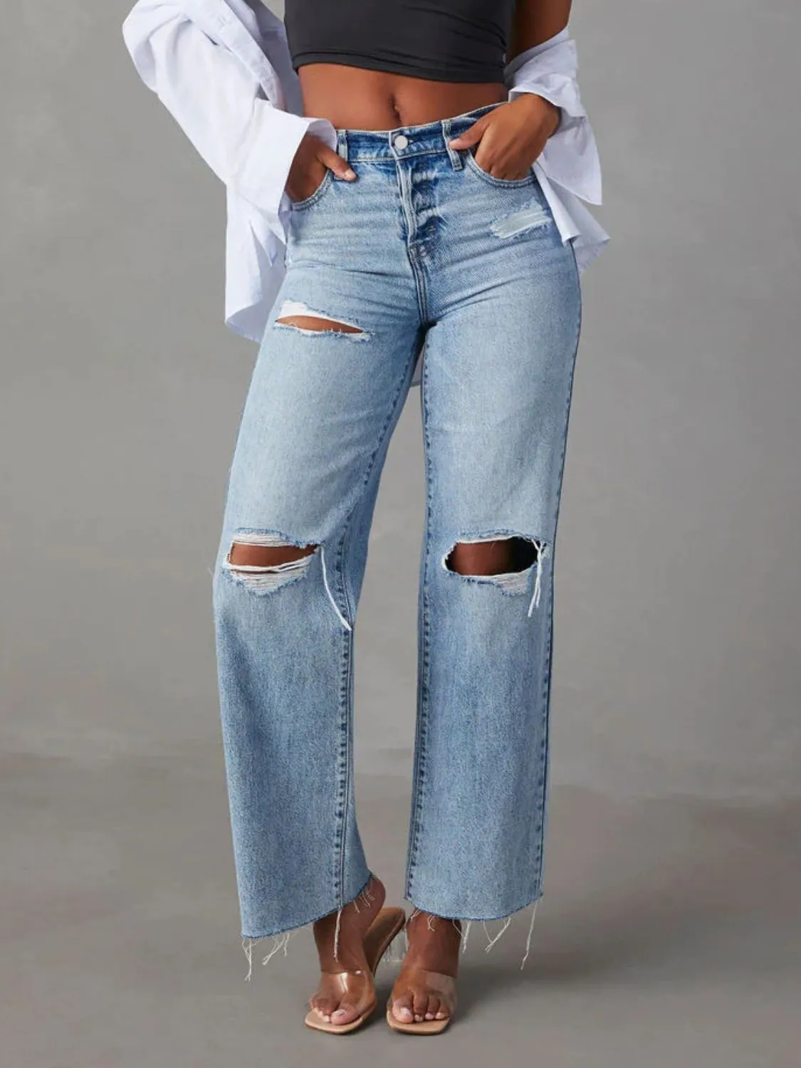 Distressed Straight Leg Jeans with Pockets sold by Charming Charlie