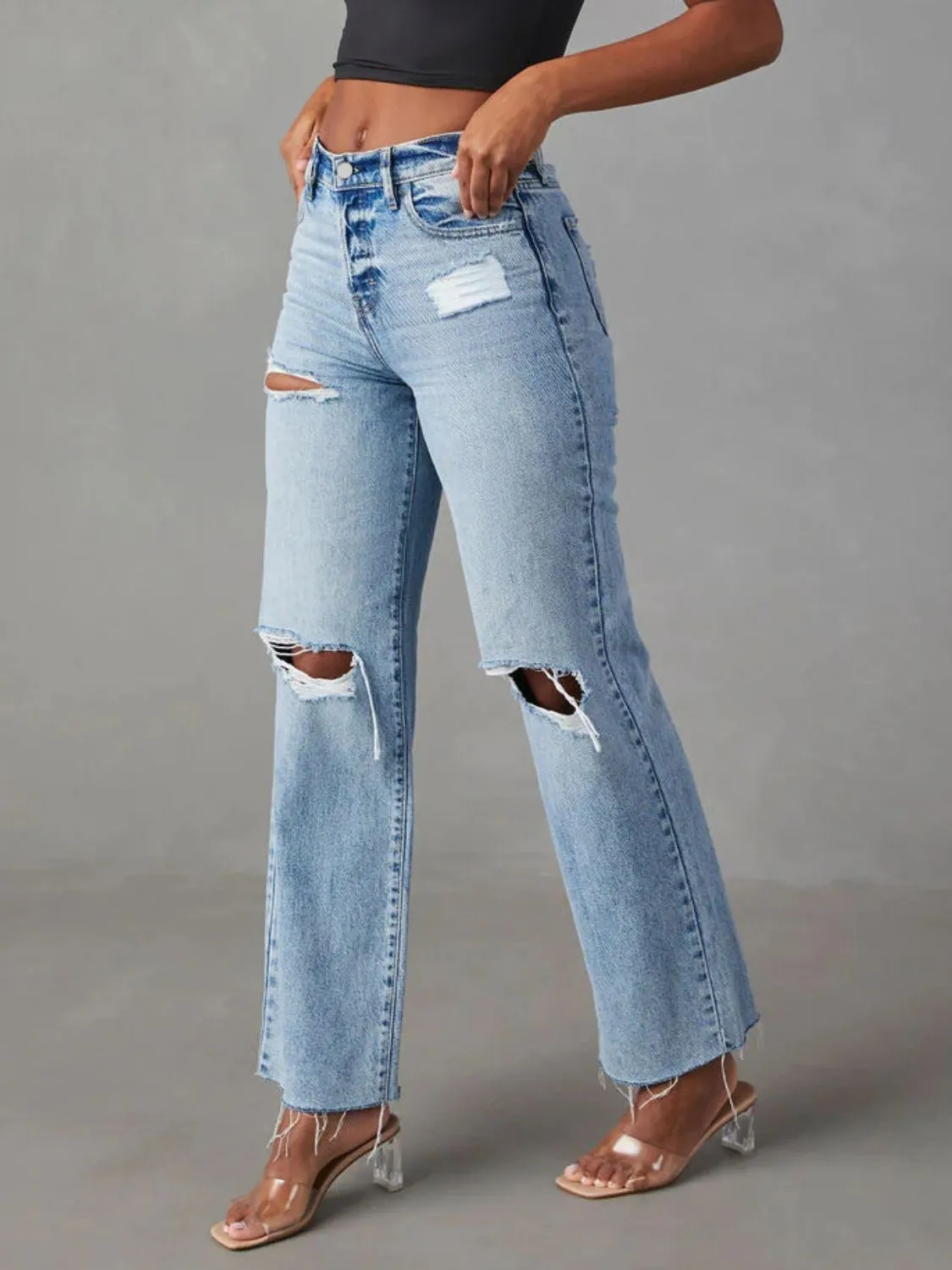 Distressed Straight Leg Jeans with Pockets sold by Charming Charlie product image thumbnail 2
