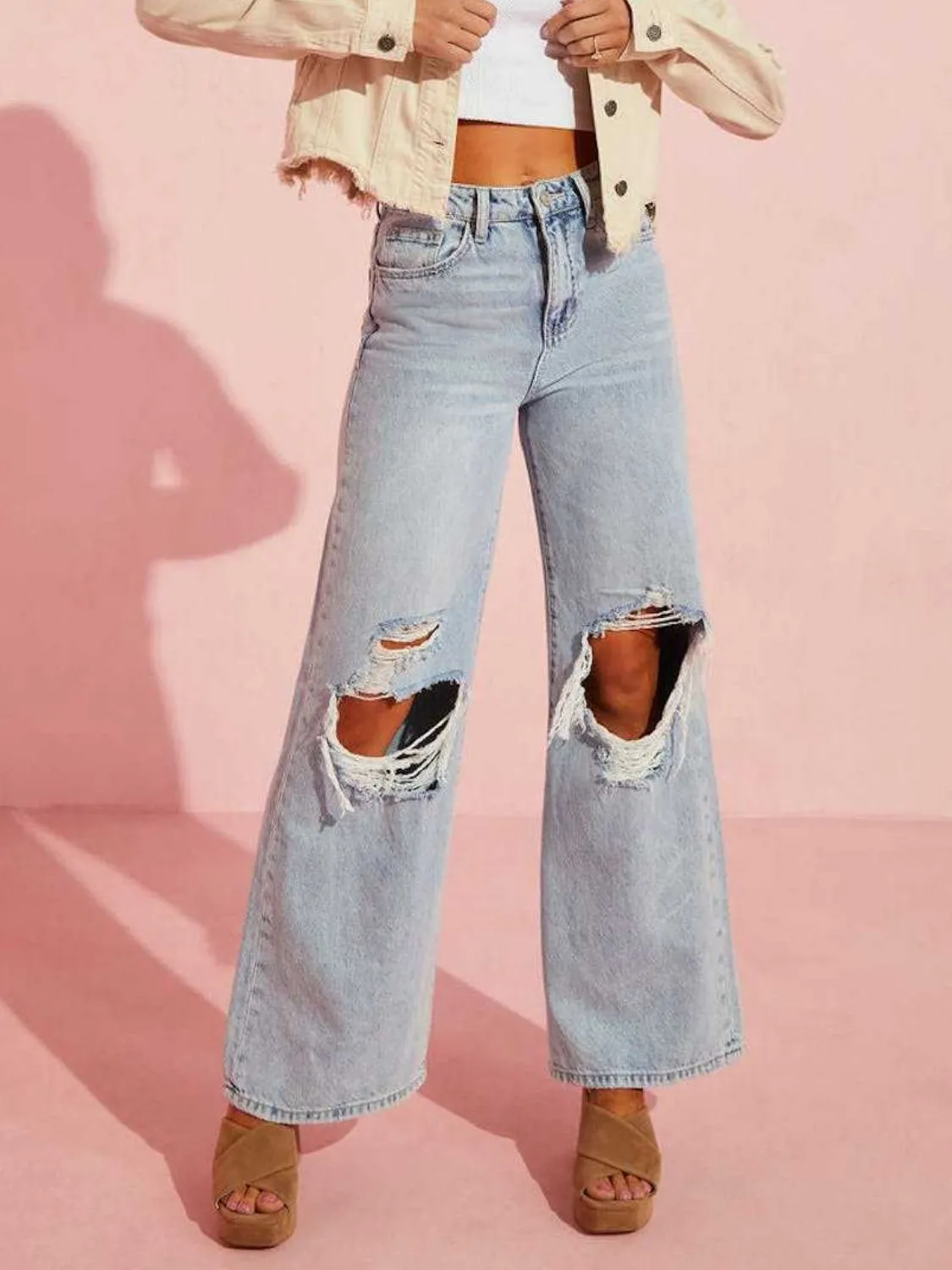 Distressed Wide Leg Jeans with Pockets sold by Charming Charlie product image thumbnail 4