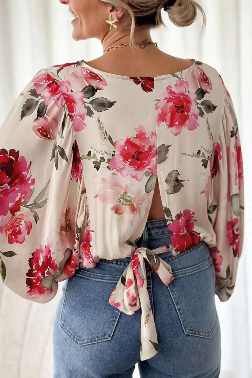 Tied Floral Round Neck Three-Quarter Sleeve Blouse sold by Charming Charlie product image thumbnail 2