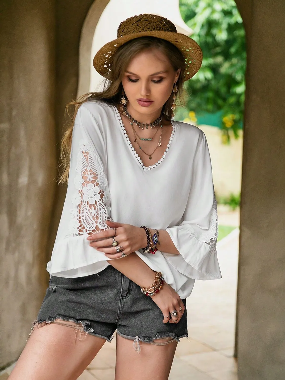 Plus Size Lace Detail V-Neck Three-Quarter Sleeve Blouse sold by Charming Charlie product image thumbnail 4