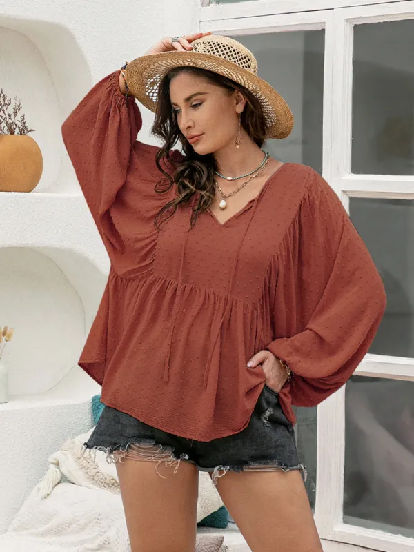 Plus Size Swiss Dot Tie Neck Long Sleeve Blouse sold by Charming Charlie