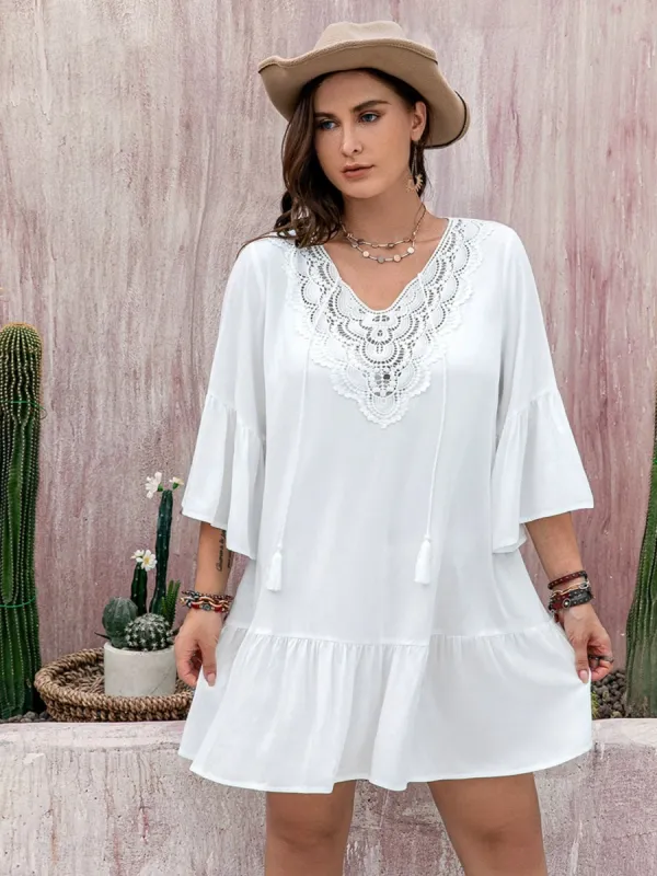 Plus Size Lace Detail Tie Neck Three-Quarter Sleeve Mini Dress sold by Charming Charlie