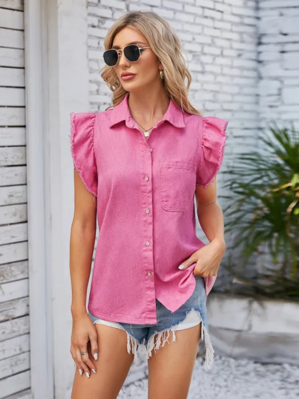 Ruffled Pocketed Collared Neck Cap Sleeve Denim Top sold by Charming Charlie