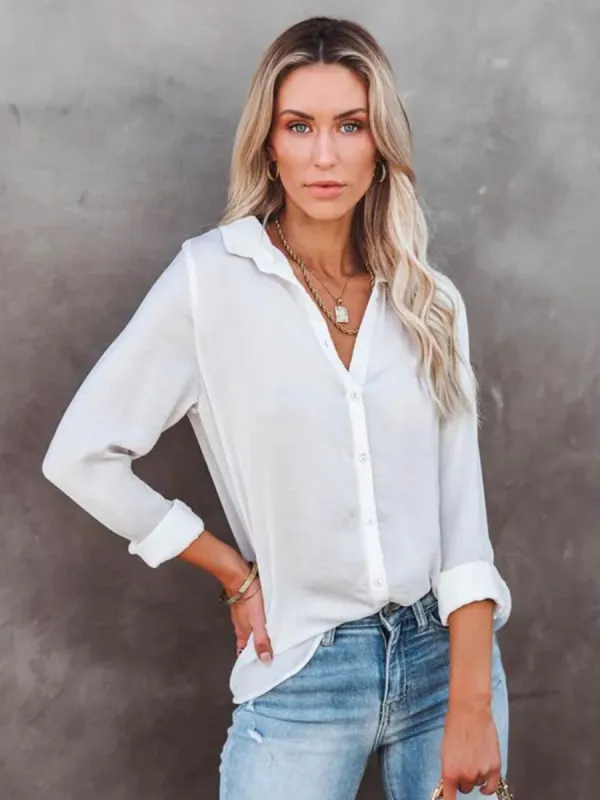 Button Down Collared Neck Long Sleeve Shirt sold by Charming Charlie