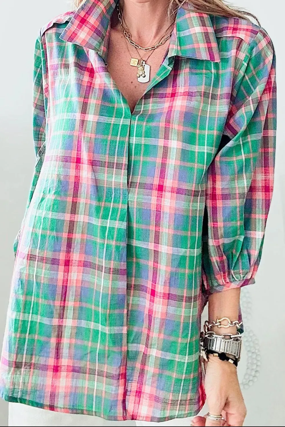Plaid Collared Neck Three-Quarter Sleeve Blouse sold by Charming Charlie product image thumbnail 2