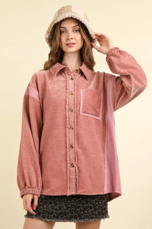 VERY J Mixed Media Button Down Raw Hem Shacket sold by Charming Charlie