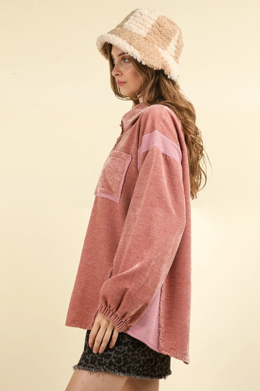 VERY J Mixed Media Button Down Raw Hem Shacket sold by Charming Charlie product image thumbnail 3