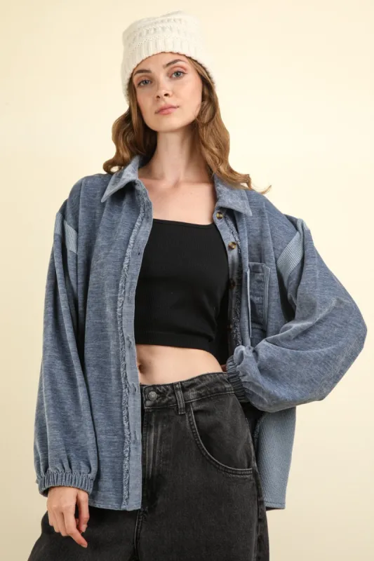 VERY J Mixed Media Button Down Raw Hem Shacket sold by Charming Charlie