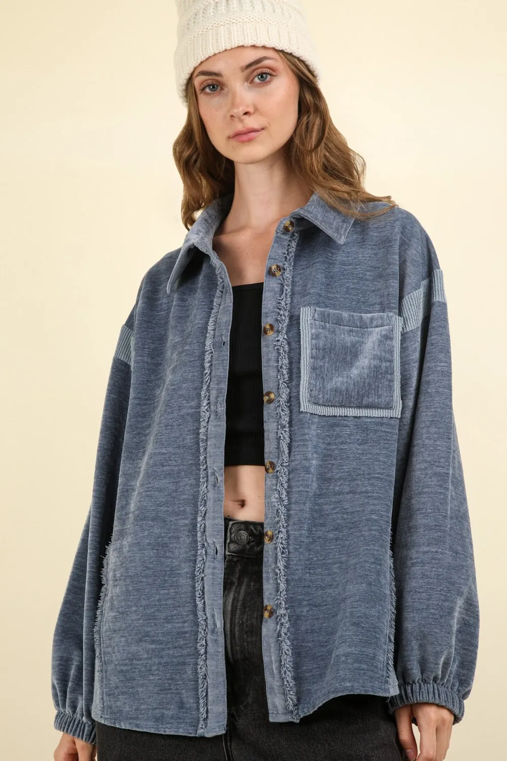 VERY J Mixed Media Button Down Raw Hem Shacket sold by Charming Charlie product image thumbnail 5