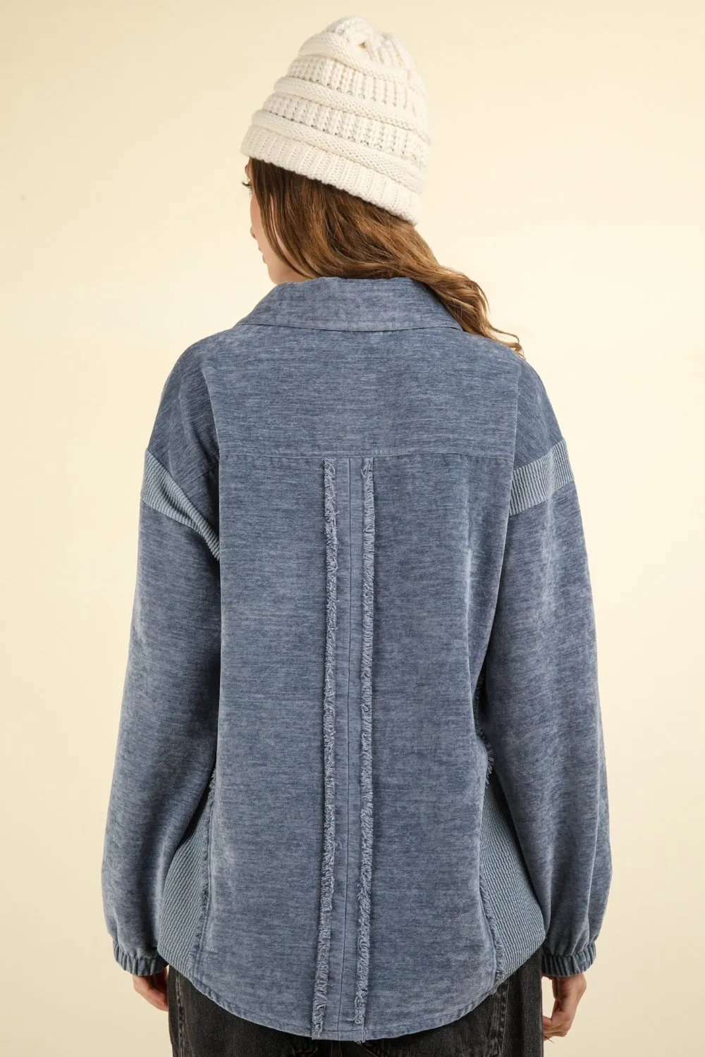 VERY J Mixed Media Button Down Raw Hem Shacket sold by Charming Charlie product image thumbnail 2