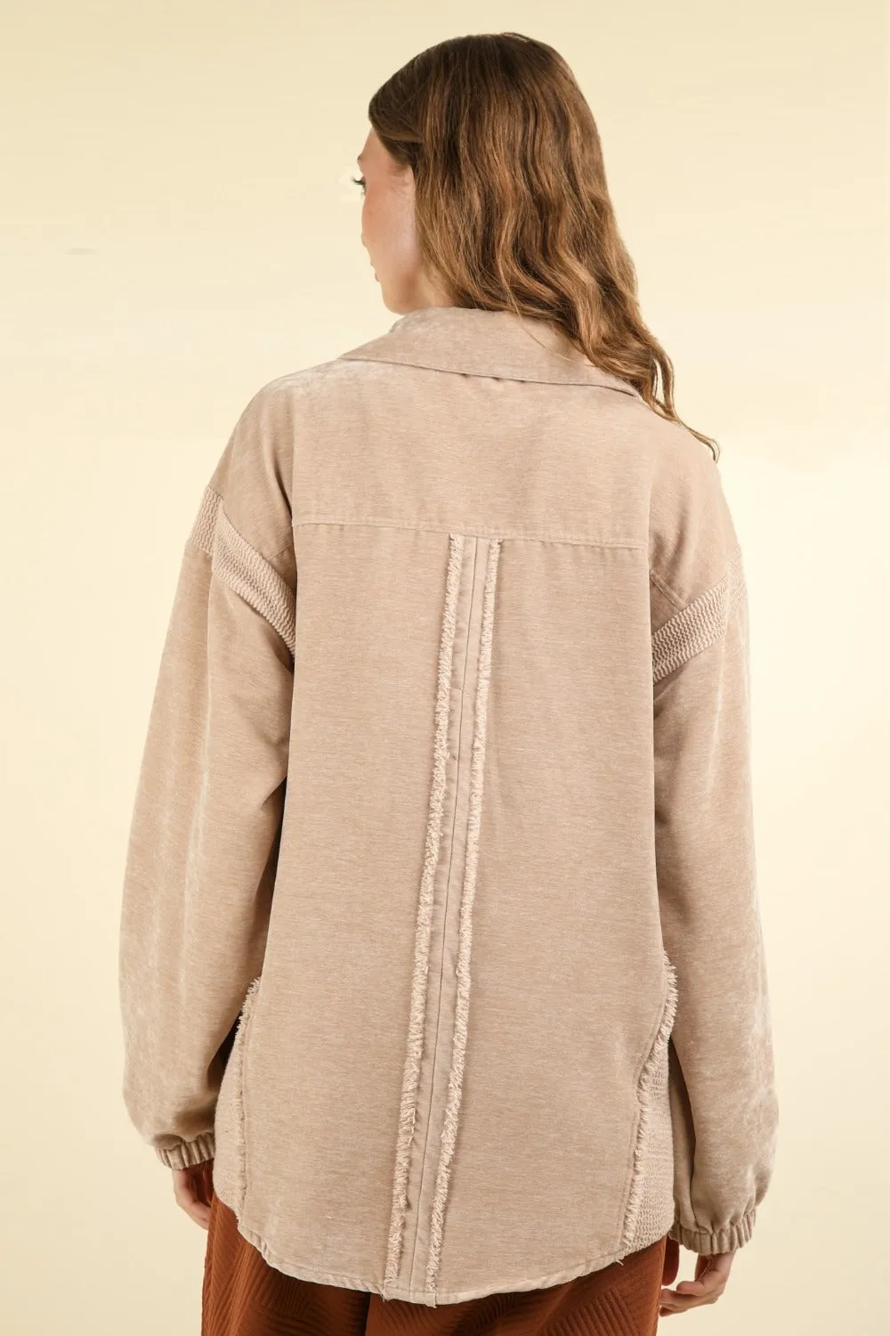 VERY J Mixed Media Button Down Raw Hem Shacket sold by Charming Charlie product image thumbnail 2