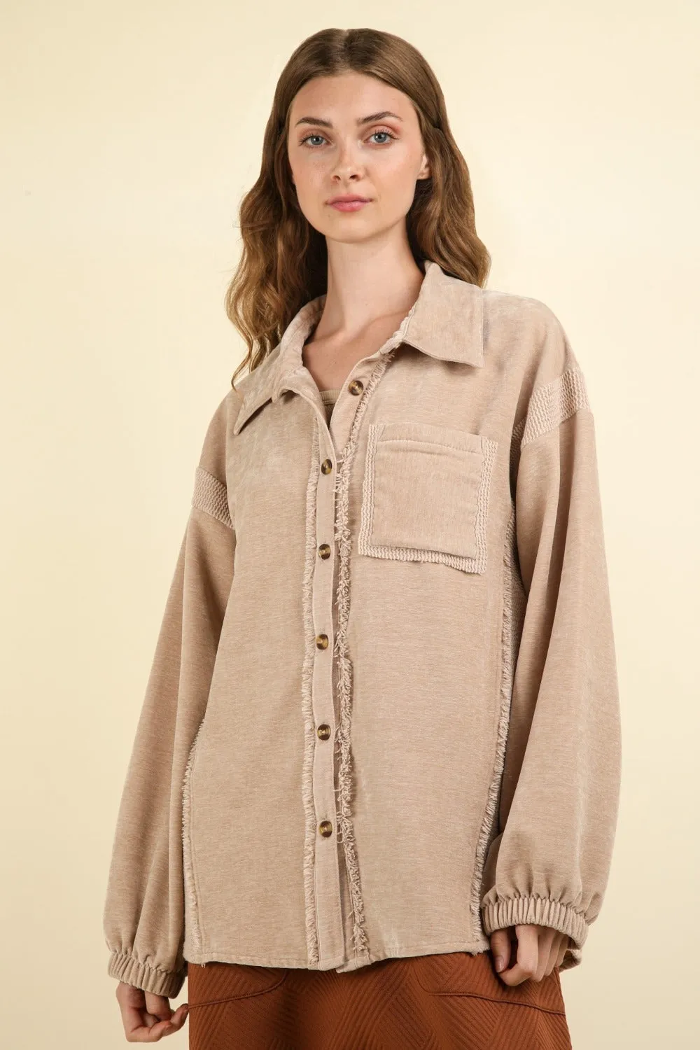 VERY J Mixed Media Button Down Raw Hem Shacket sold by Charming Charlie product image thumbnail 4