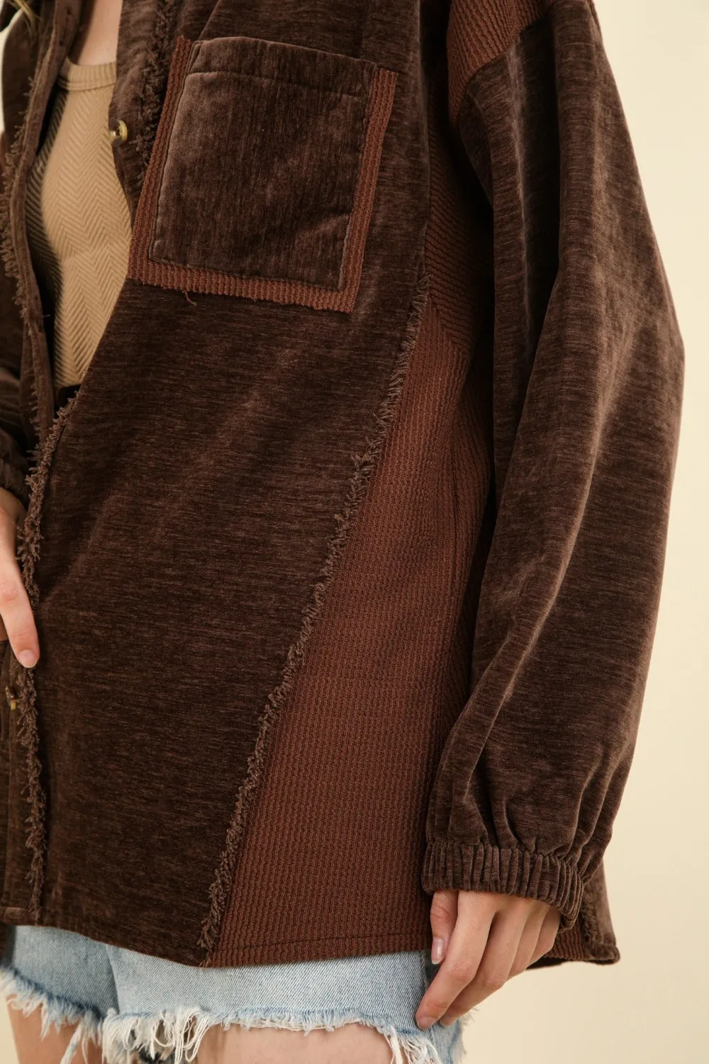VERY J Mixed Media Button Down Raw Hem Shacket sold by Charming Charlie product image thumbnail 4