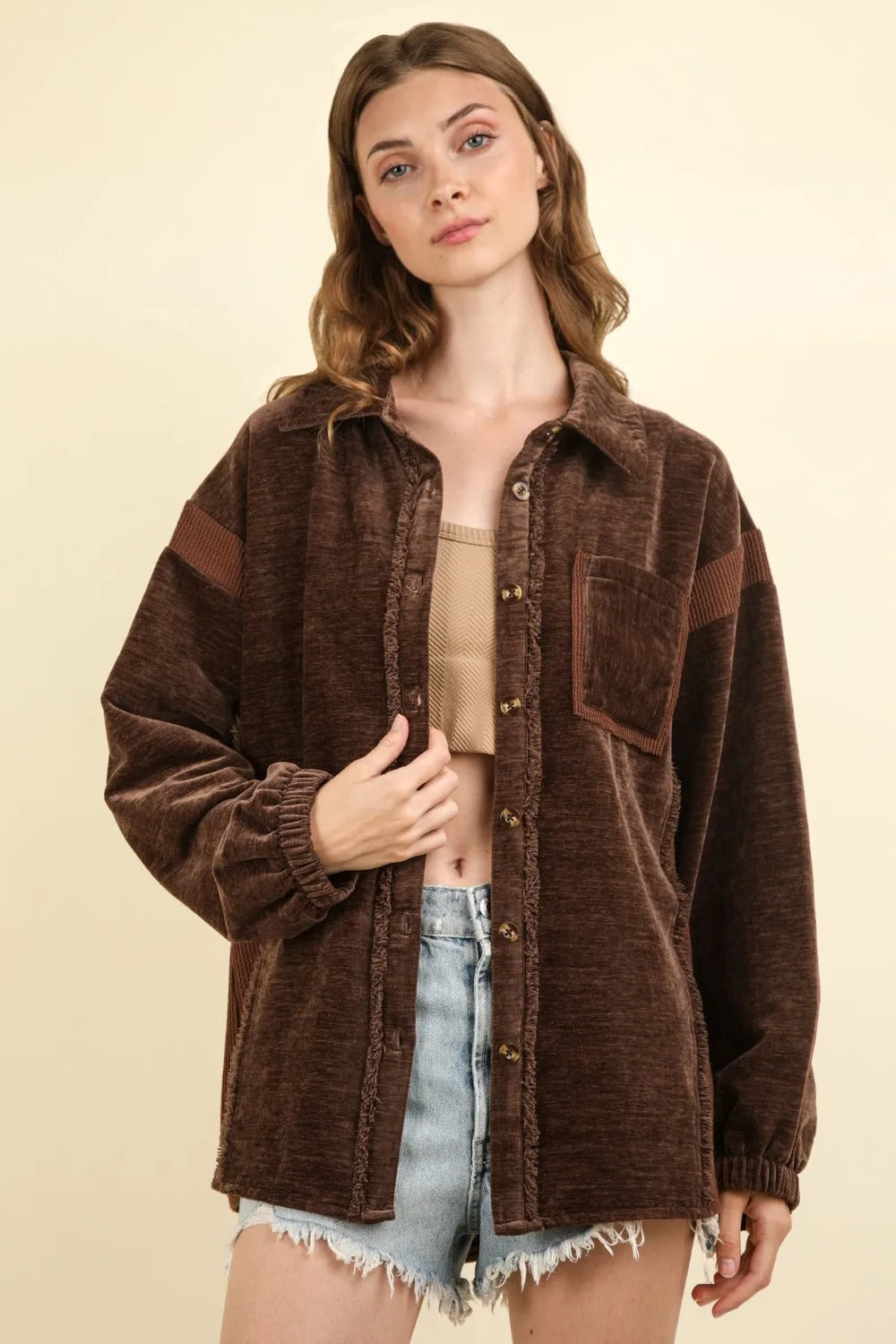 VERY J Mixed Media Button Down Raw Hem Shacket sold by Charming Charlie