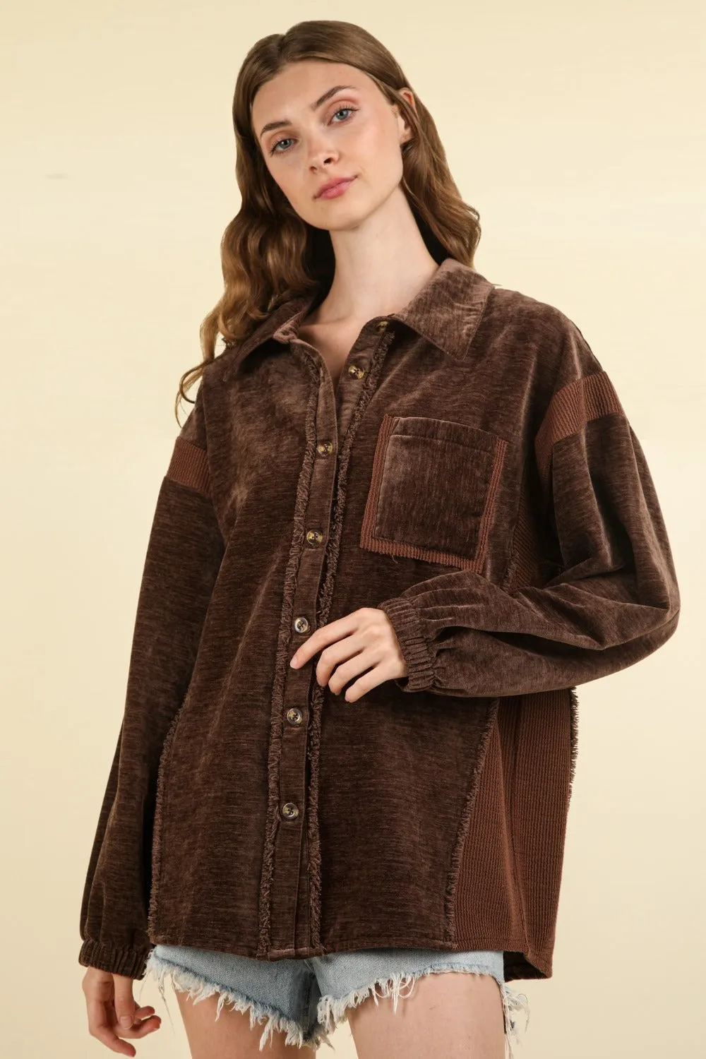 VERY J Mixed Media Button Down Raw Hem Shacket sold by Charming Charlie product image thumbnail 3