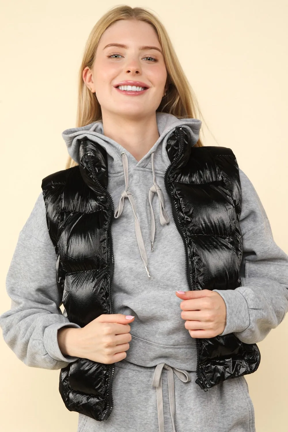 VERY J Shiny Metallic Zip Up Puffer Vest sold by Charming Charlie product image thumbnail 4
