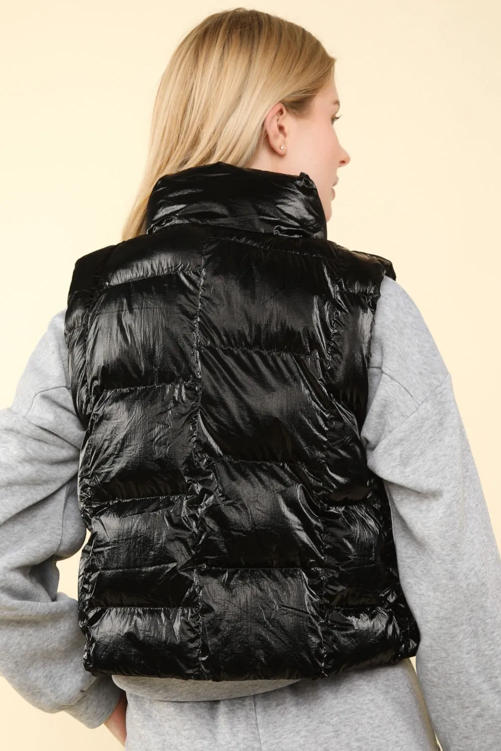 VERY J Shiny Metallic Zip Up Puffer Vest sold by Charming Charlie product image thumbnail 2