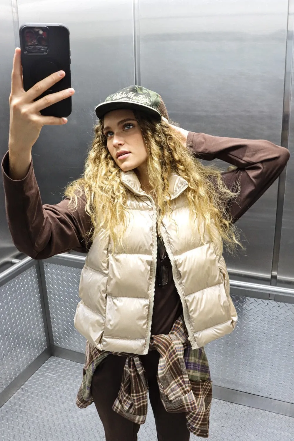 VERY J Shiny Metallic Zip Up Puffer Vest sold by Charming Charlie product image thumbnail 2